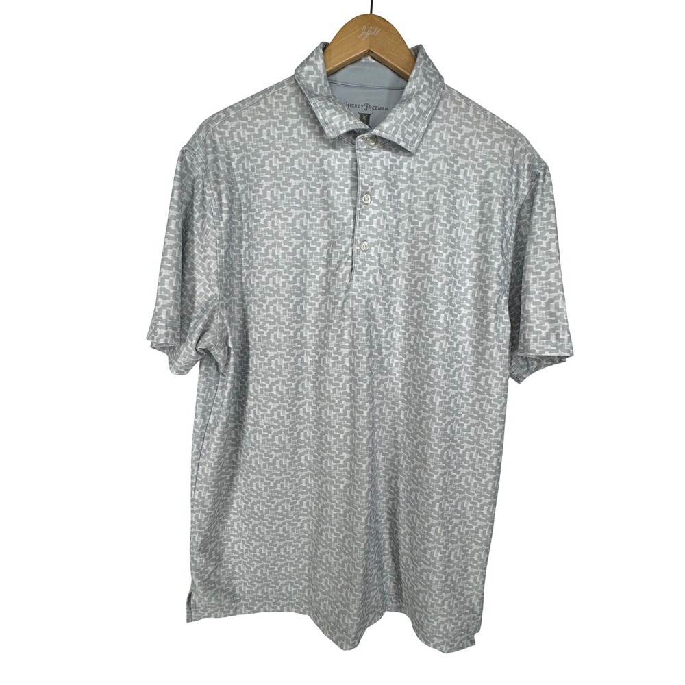Hickey Freeman Golf Polo Shirt Mens Medium Gray‎ Geometric Pattern Short Sleeve